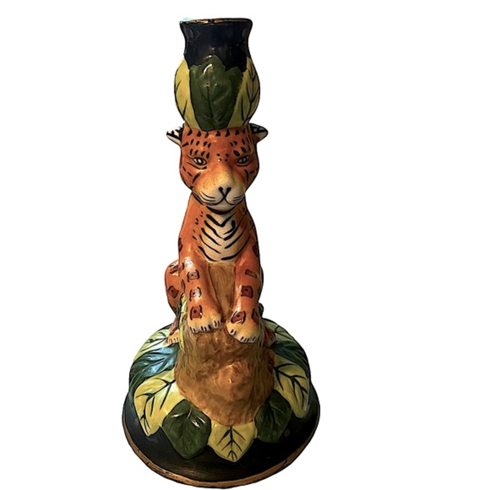 Vintage CBK Ceramic Jungle Cat Candlestick | Boho Eclectic Decor | Animal Decor